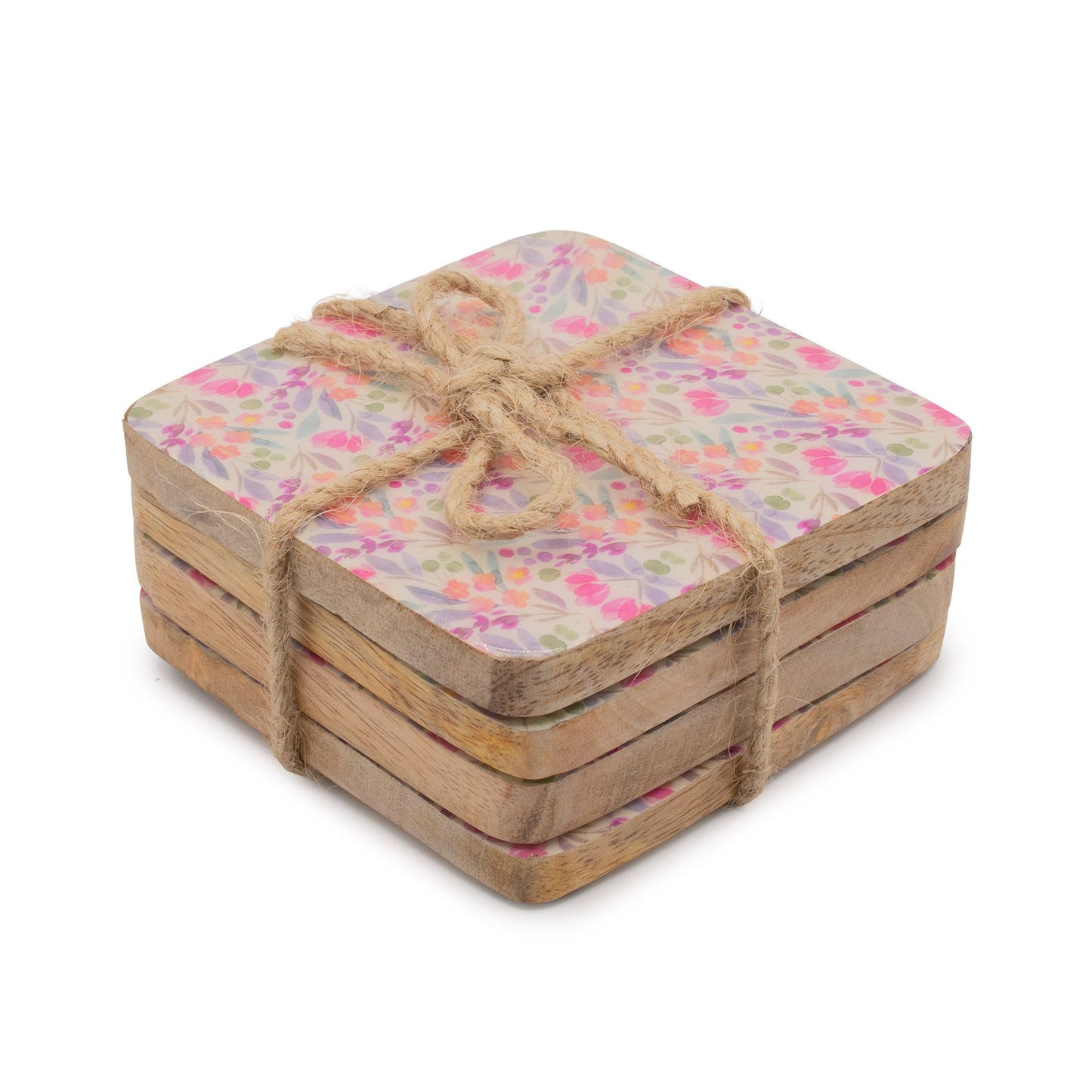 Set of four square mango wood coasters with pink, green and pastel floral designs and natural wood edges