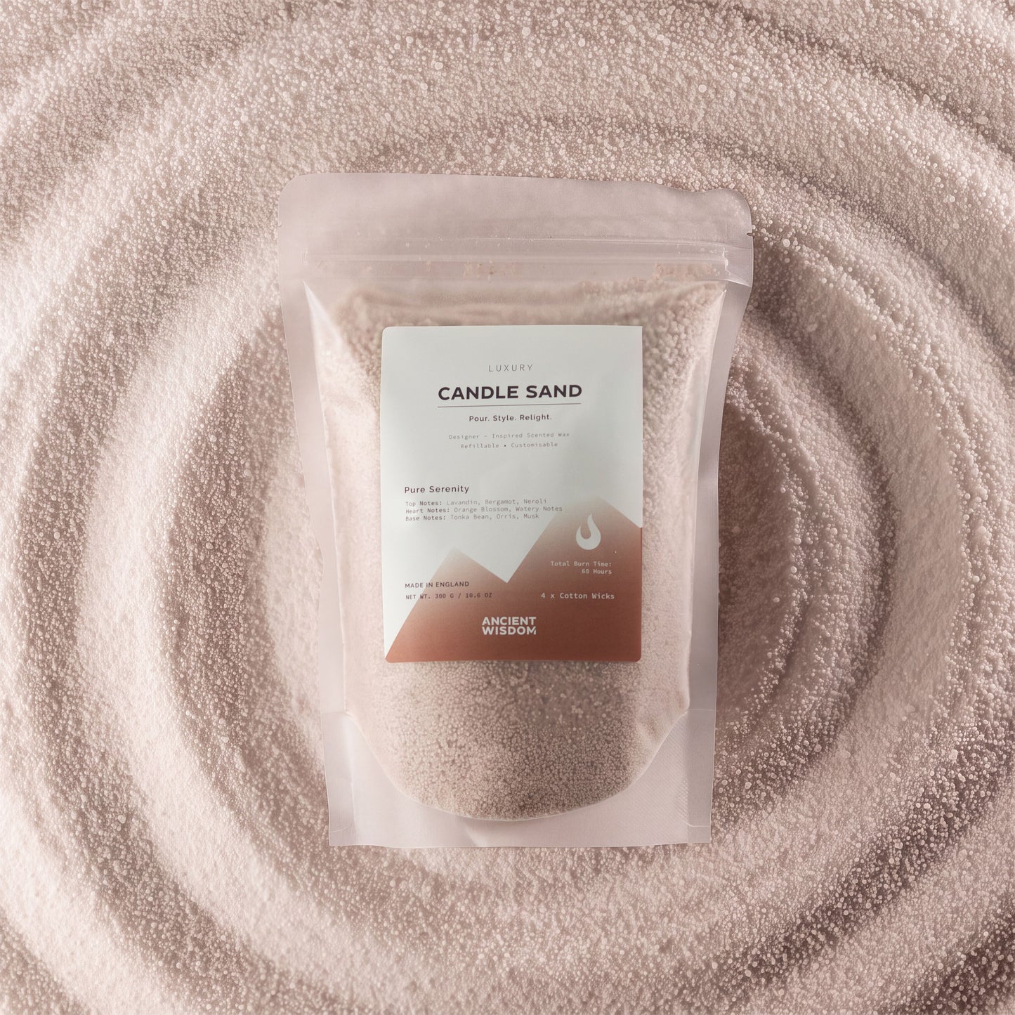 Latte beige Pure Serenity fragranced candle sand with four cotton wicks