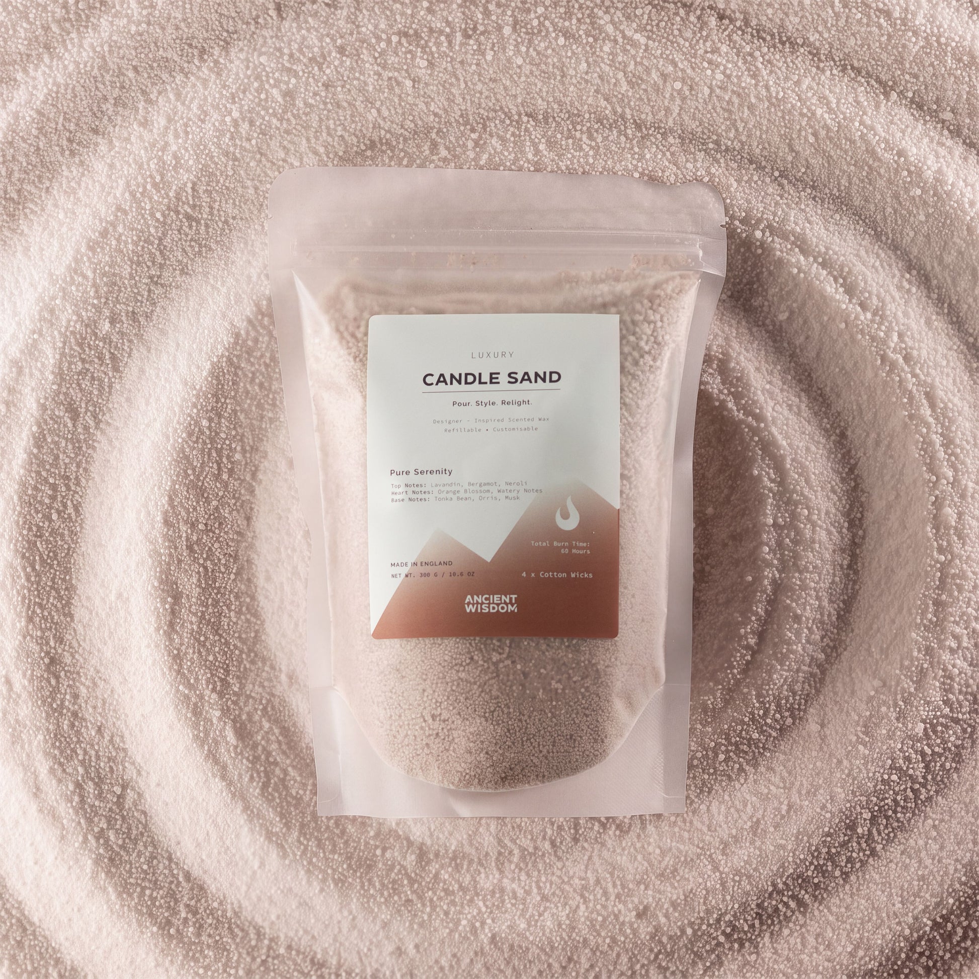 Latte beige Pure Serenity fragranced candle sand with four cotton wicks