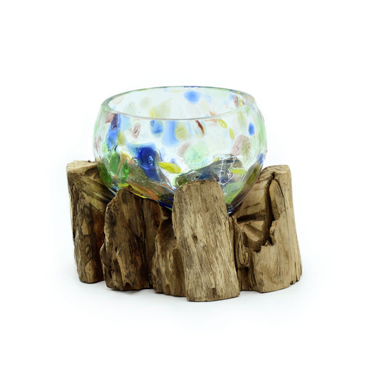 Small molten coloured glass bowl shaped over natural gamal wood base for crystals and air plants UK