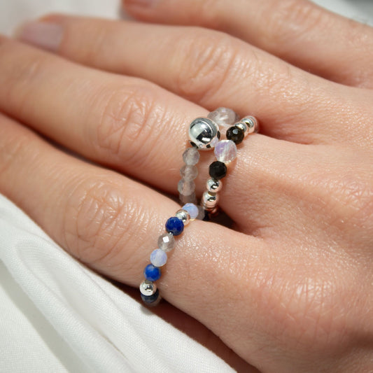 Northern Lights gemstone ring set – elasticated labradorite, amazonite and fluorite rings