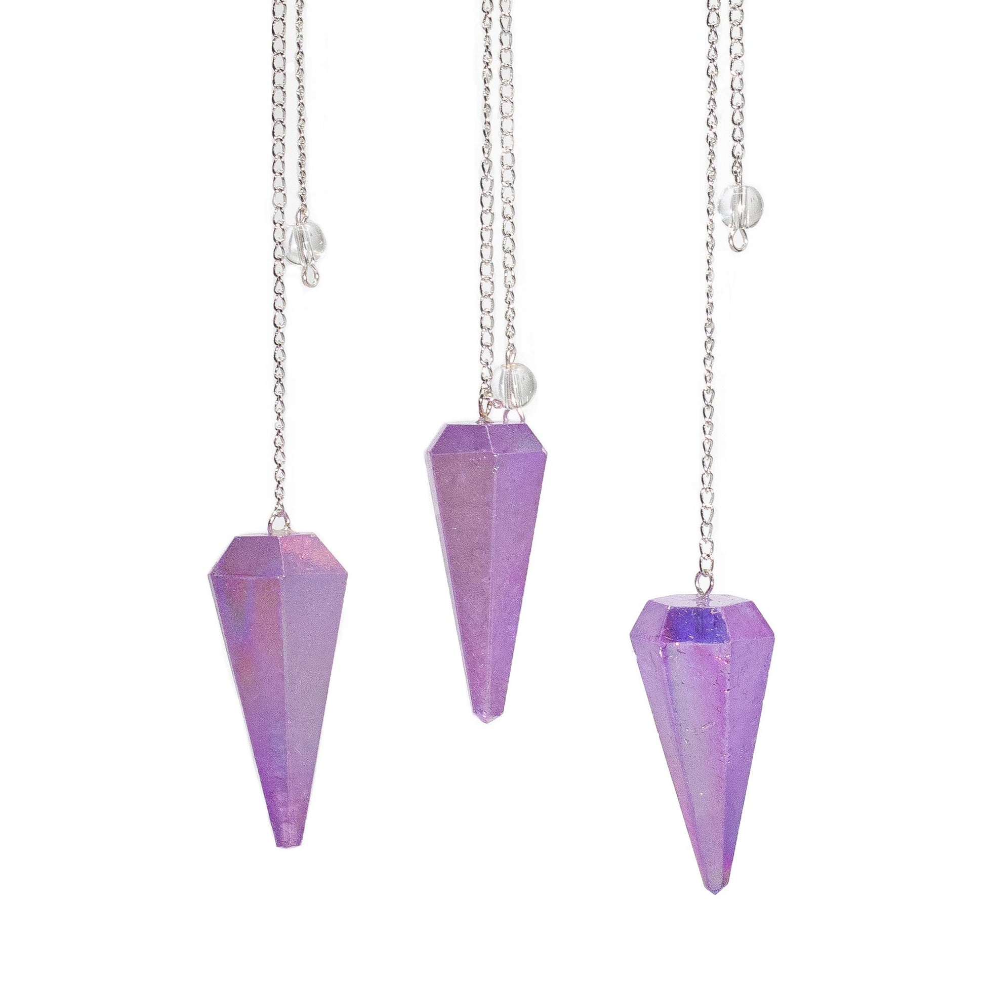 Six Sided Pendulum Aurora Crystal Purple - 4cm violet crystal pendulum with silver-tone chain for divination