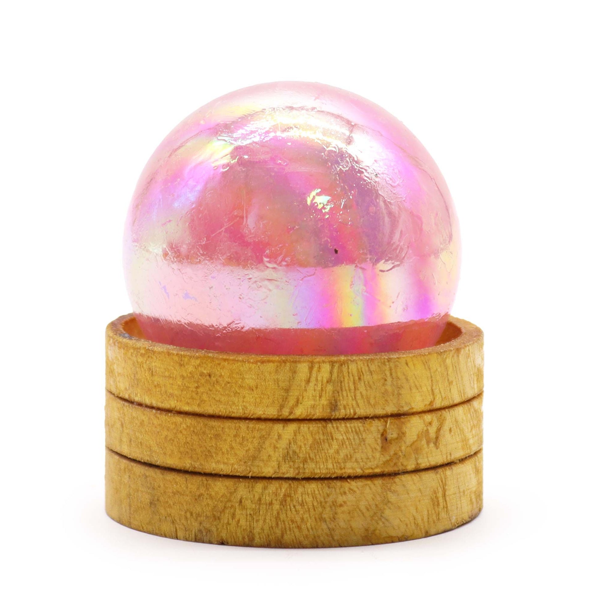 Rose Quartz titanium aura sphere 50mm iridescent crystal ball with stand