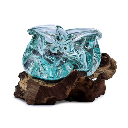 Molten glass chunky ashtray and candle holder on natural gamal wood base UK