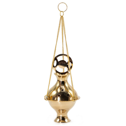 Handcrafted hanging brass incense burner featuring the Three Phase Moon symbol for resin incense and charcoal burning.