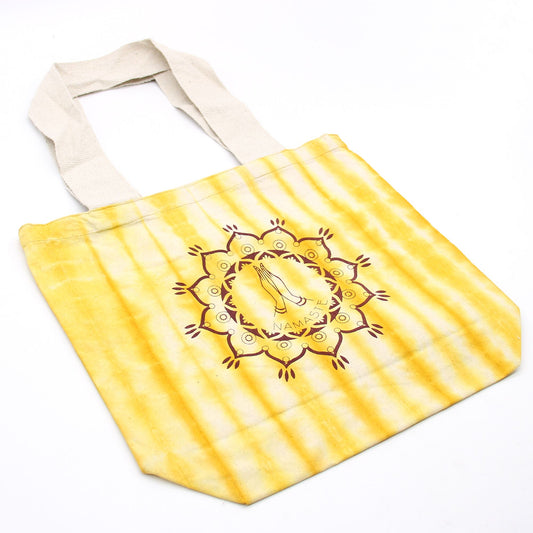 Tye-Dye Cotton Bag -  Namaste Hands - Yellow - Natural Handle