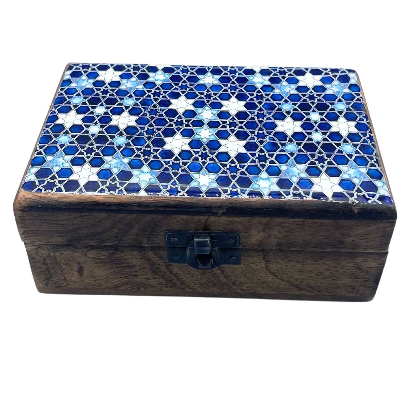 Handcrafted medium mango wooden box with a blue stars glazed ceramic lid.