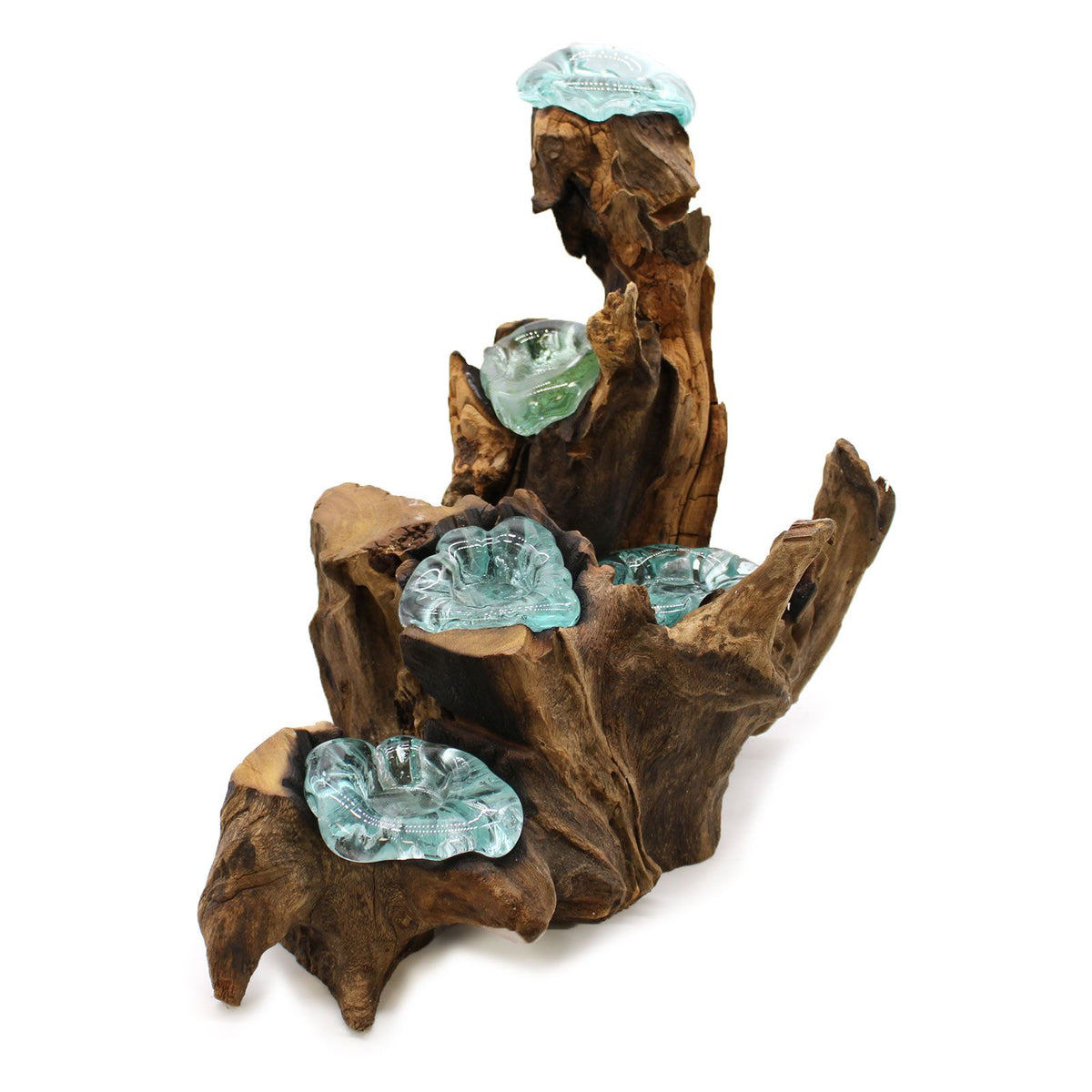 Molten glass five candle holder on natural gamal wood statement table centrepiece UK