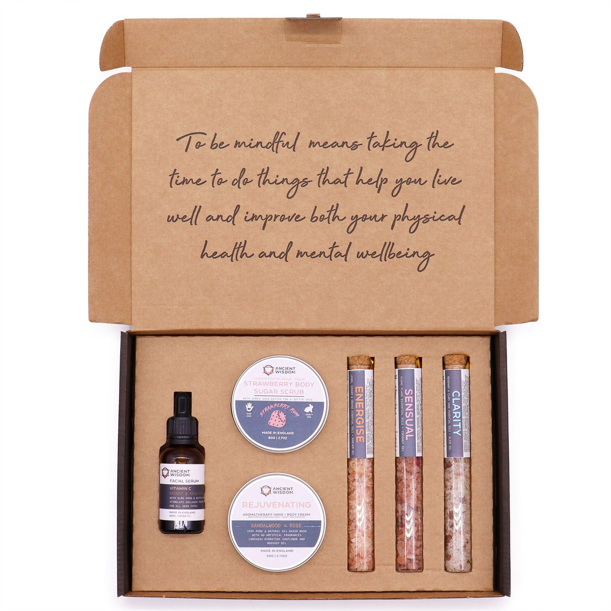 Serenity Essential Self-Care Kit with strawberry body scrub, body cream, Vitamin C facial serum and three bath salt vials, UK pamper gift set