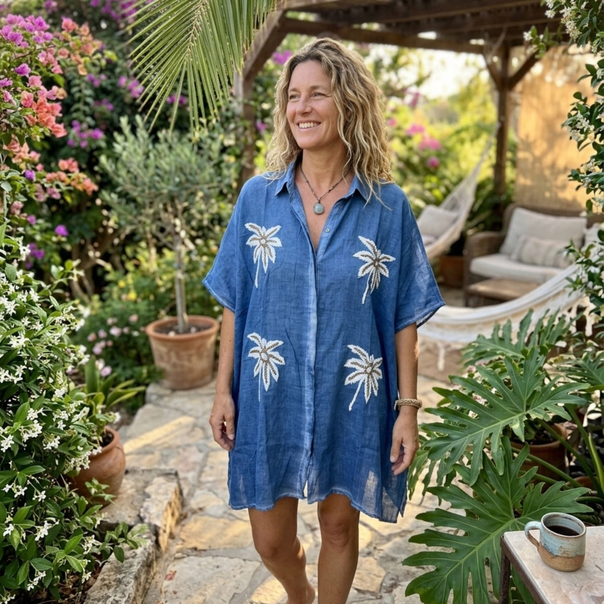 Blue Nomad Sari boho kaftan with gold and white palm tree design and button-front styling