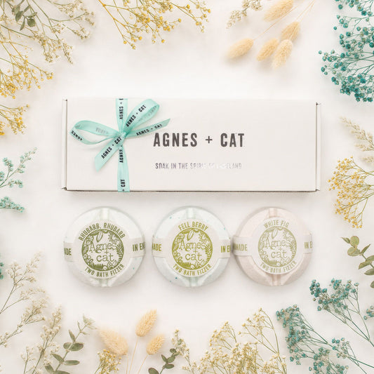 Agnes + Cat Berry & Fig Bath Fizzer Gift Set with three handmade UK bath fizzers in Rhubarb Rhubarb, Fell Berry and White Fig.