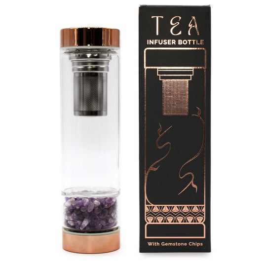 Crystal Glass Tea Infuser Bottle with rose gold lid and amethyst gemstone detail