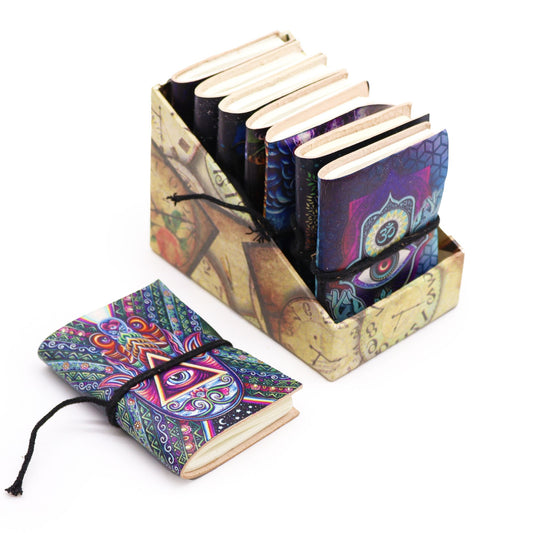 Esoteric Leather Notebook 7x10cm – small embossed leather journal with assorted mystical designs