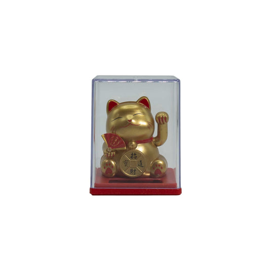 Mini solar powered money cat gold Maneki Neko waving for wealth and positive energy