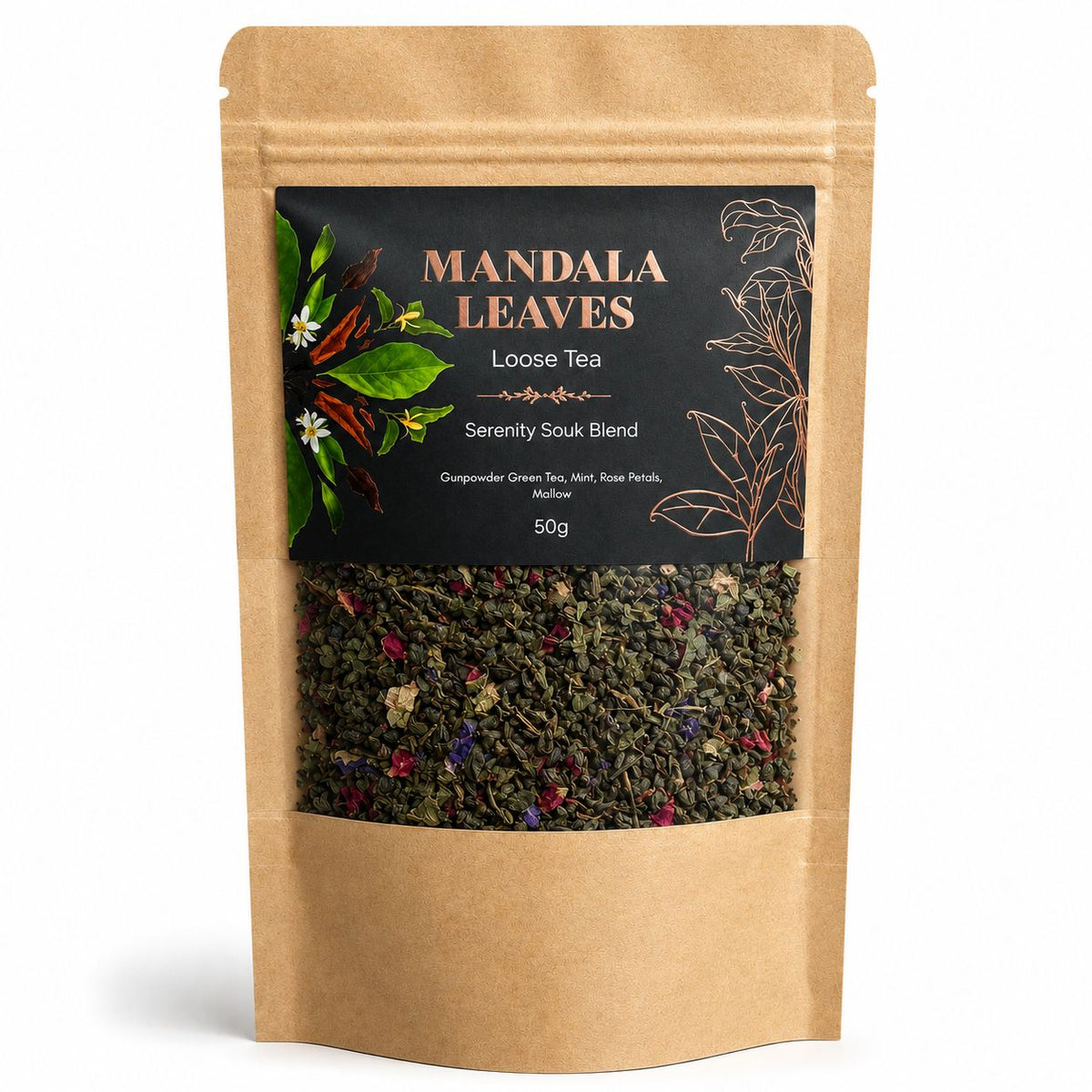 Serenity Souk loose leaf green tea 50g kraft bag with mint, rose petals and mallow flowers