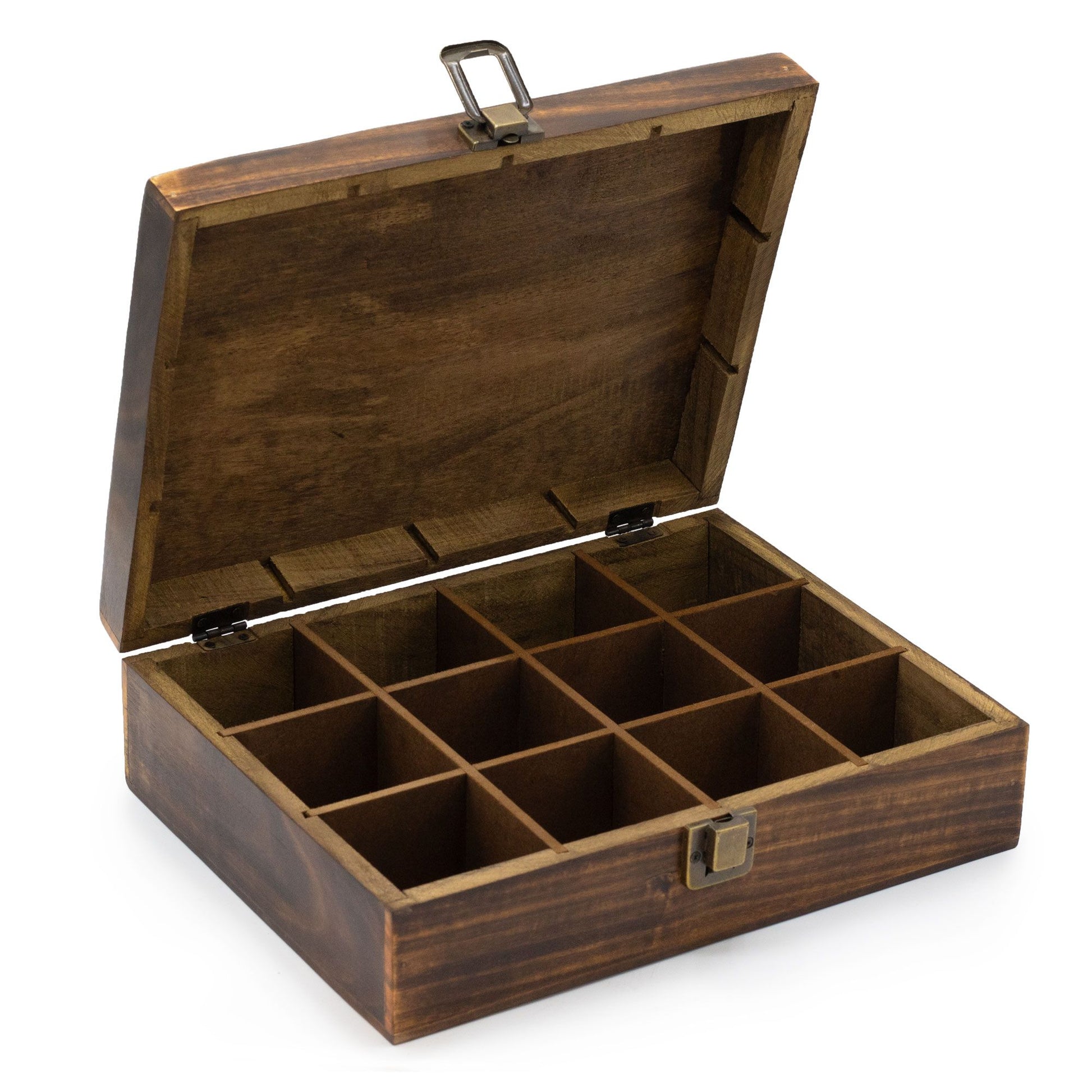 Carved Tea Box Large mango wood tea storage box with 12 compartments and brass clasp