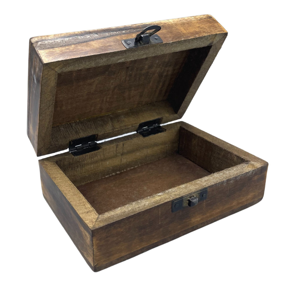 Handcrafted medium mango wood storage box with a red glazed ceramic lid.