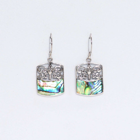Shell & silver dragonfly abalone earrings with iridescent inlay