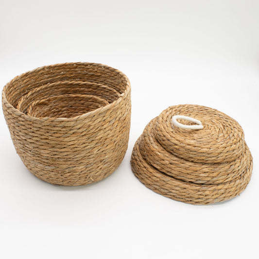 Seagrass & Cotton Round Baskets with Lids - Natural - Set of 3