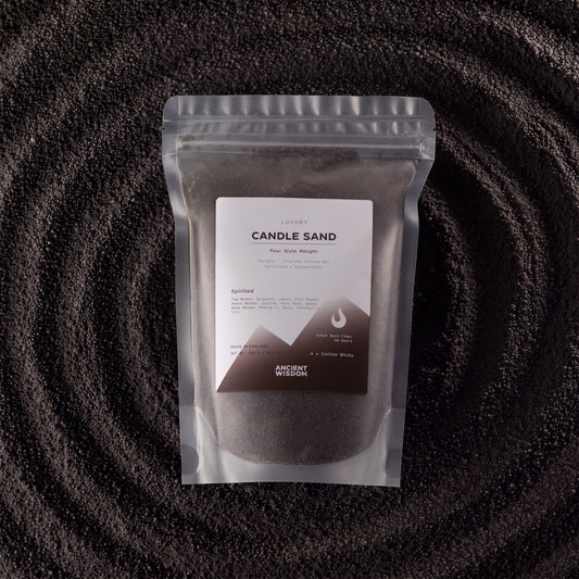Black Spirited fragranced candle sand with four cotton wicks