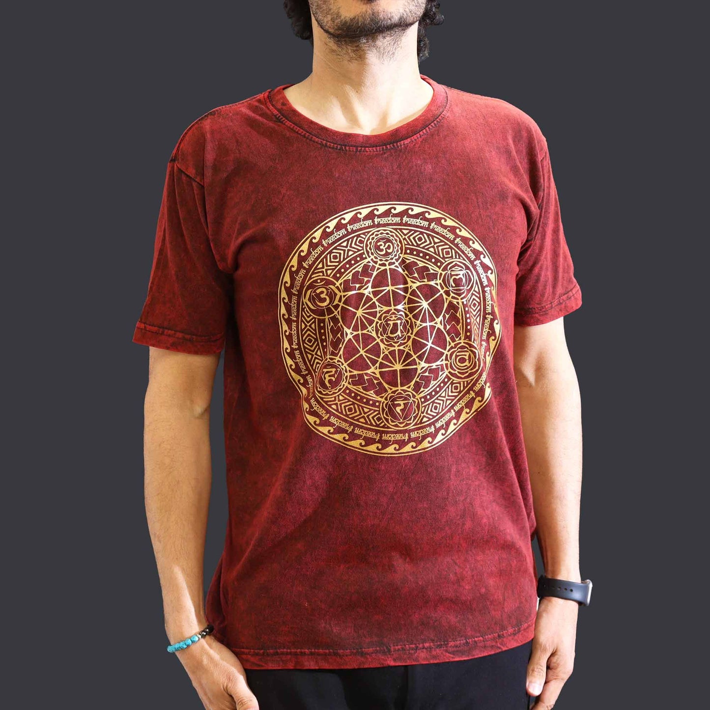 Medium stone washed maroon chakra spiritual t-shirt