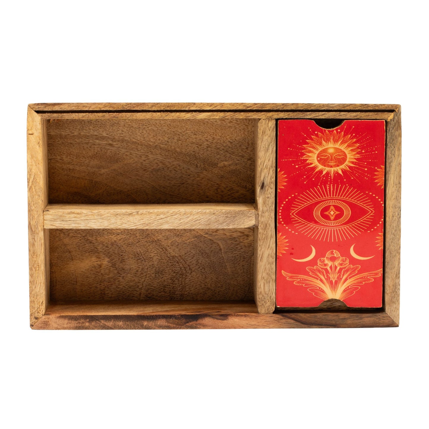 Three Section Tarot Box with Card Holder – mango wood tarot box with three compartments and built-in upright card display