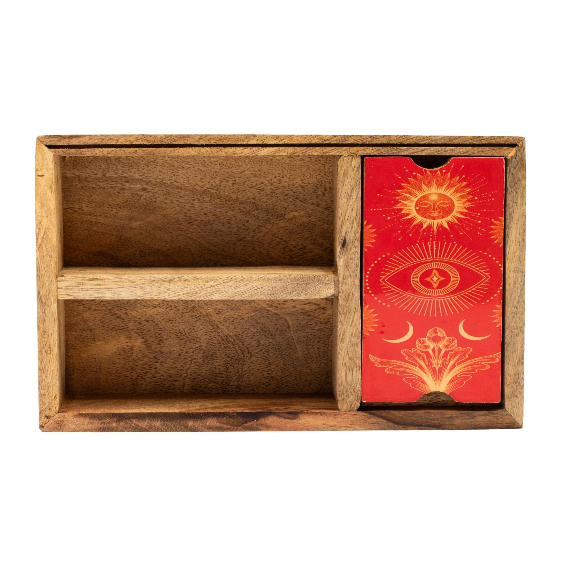 Three Section Tarot Box with Card Holder – mango wood tarot box with three compartments and built-in upright card display