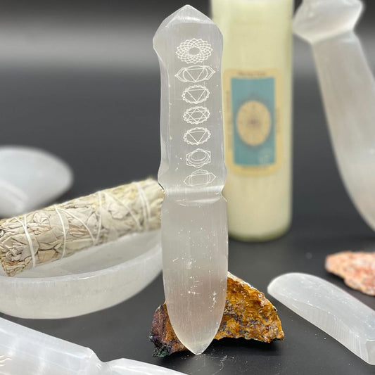 Selenite Ritual Knife Chakra Engraved – polished selenite crystal athame for spiritual cleansing, energy direction and ritual work UK