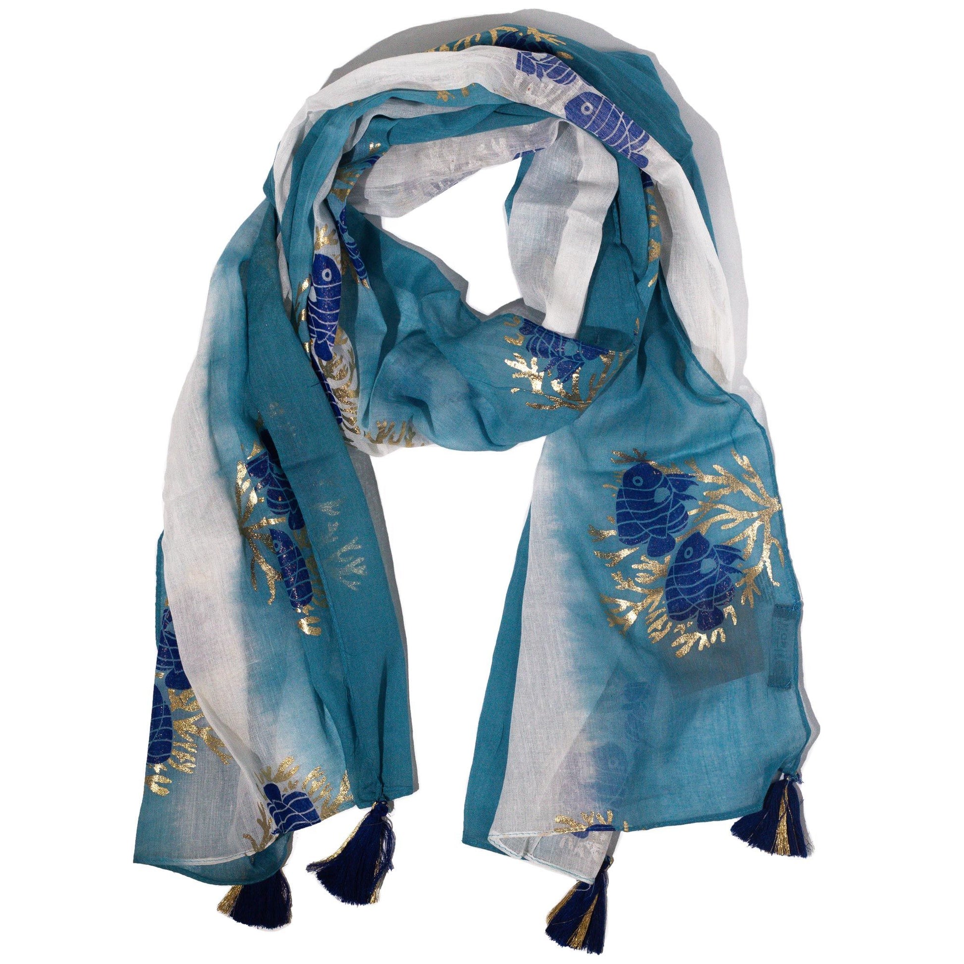 Nomad Sari Aqua Fish Scarf sea blue lightweight woven scarf with aqua fish pattern