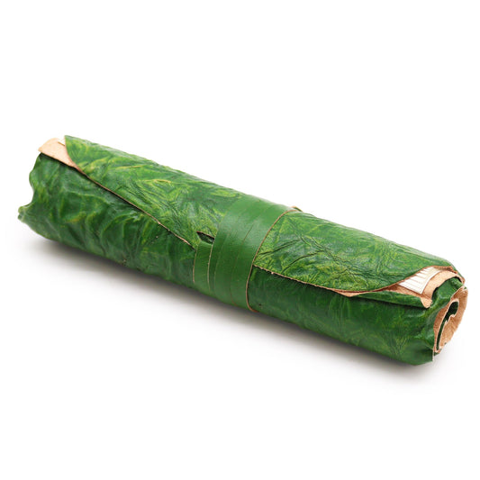 Green Rolled Leather Travel Notebook 21x15cm – wrap leather journal with strap closure and plain pages