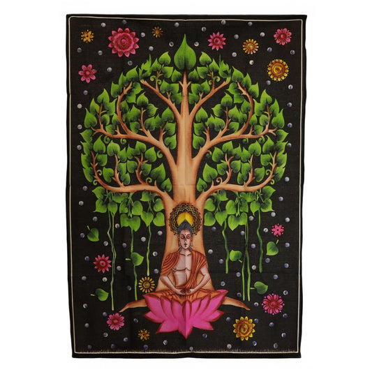 Buddha meditating beneath Bodhi tree on colourful cotton wall art tapestry