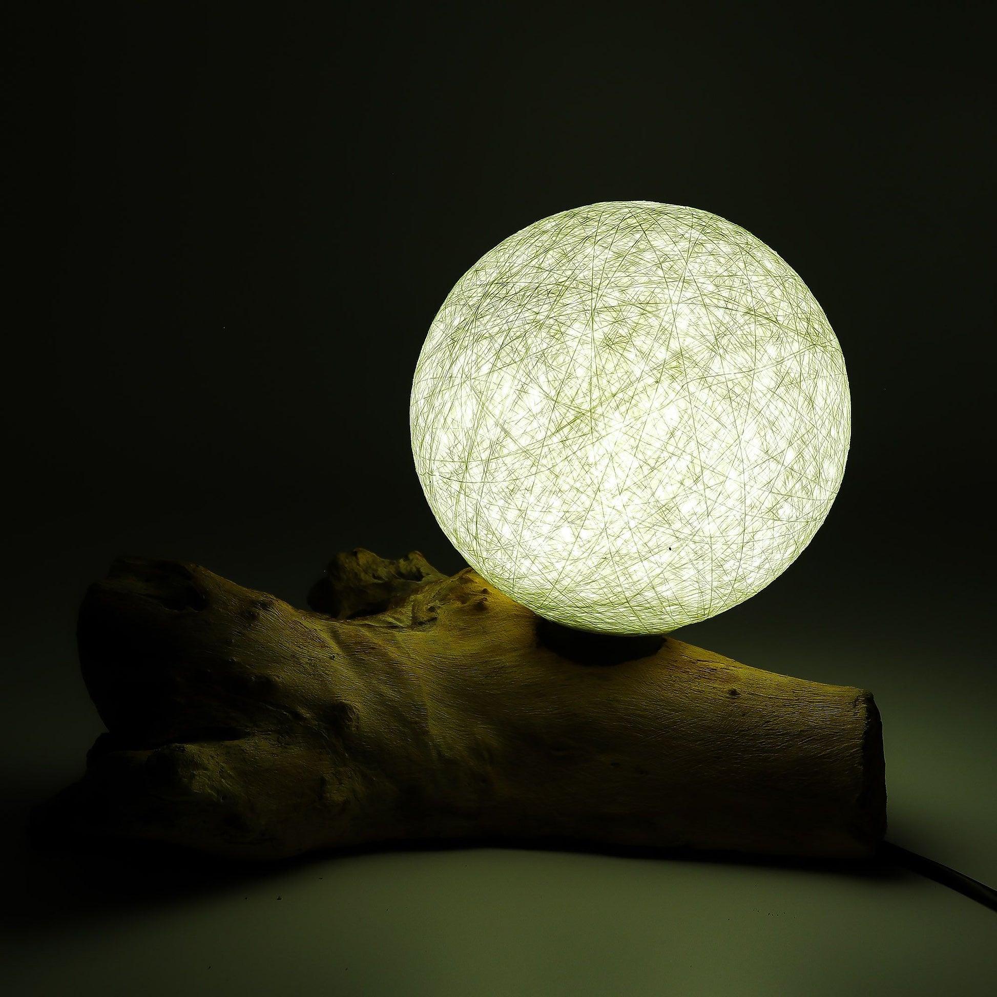 Driftglow Lamp Cotton Luna Ivory Shade – ivory colour sphere lamp with natural driftwood base for warm ambient lighting UK