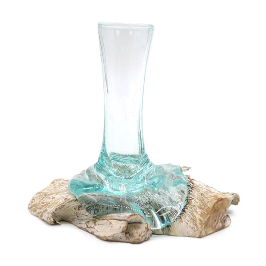 Small whitewash molten glass vase shaped over pale gamal wood for flowers and dried stem displays UK