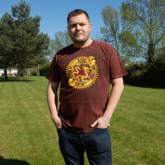 XL Nomad Sari Stonewashed Cotton T-Shirt in maroon with Dragon Mandala design on soft double stonewashed cotton.