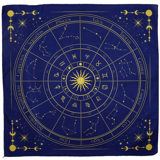 Zodiac tarot reading cloth printed with zodiac wheel design, 75 × 75 cm polyester mat for tarot or oracle readings.