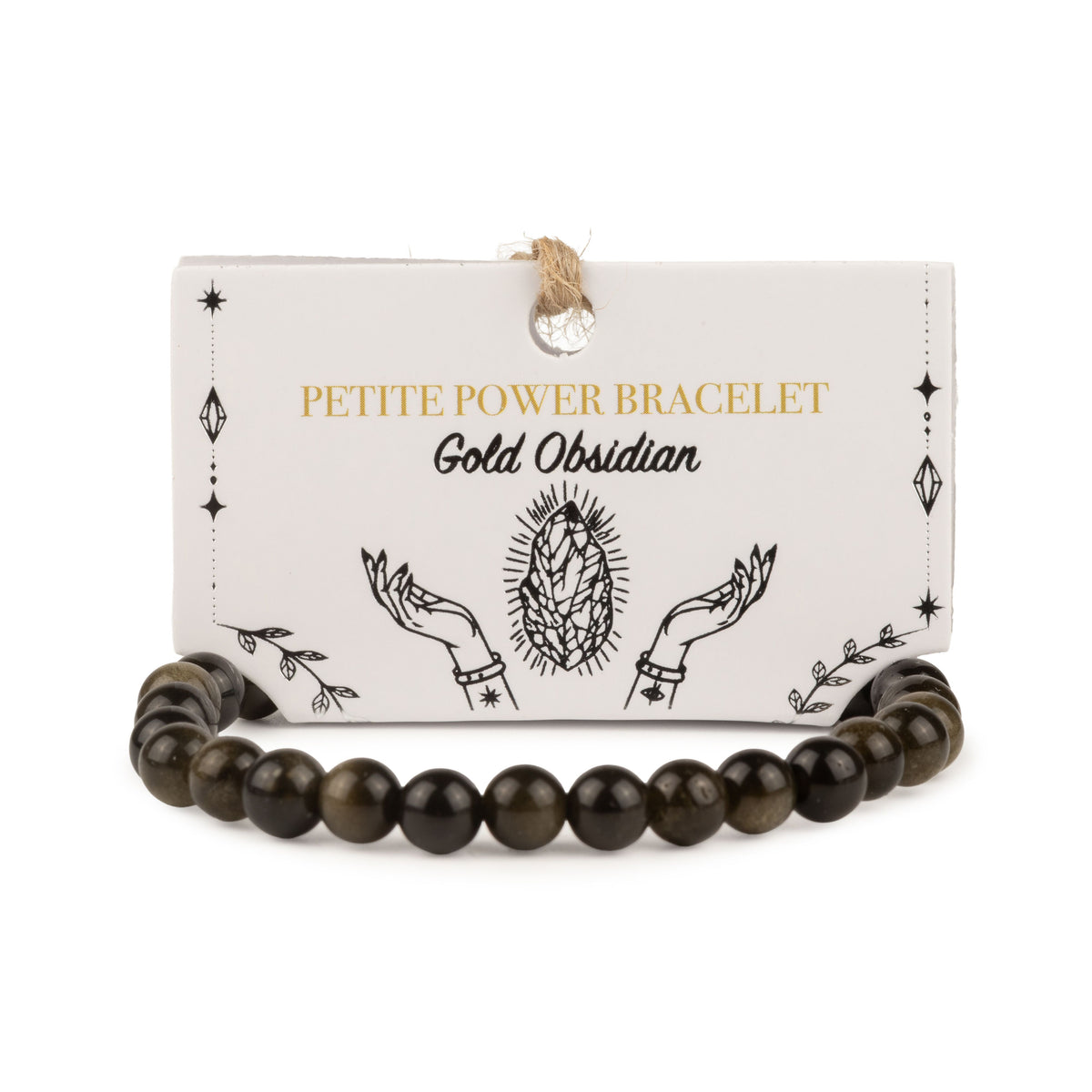 Petite Gold Obsidian Power Bracelet with polished 6mm black gemstone beads and golden sheen, 17cm stretch fit for slimmer wrists UK