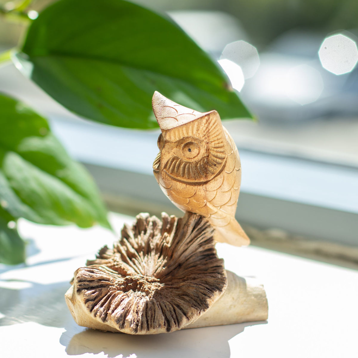 Handmade wooden owl carving watching from natural parasite wood base rustic woodland décor UK