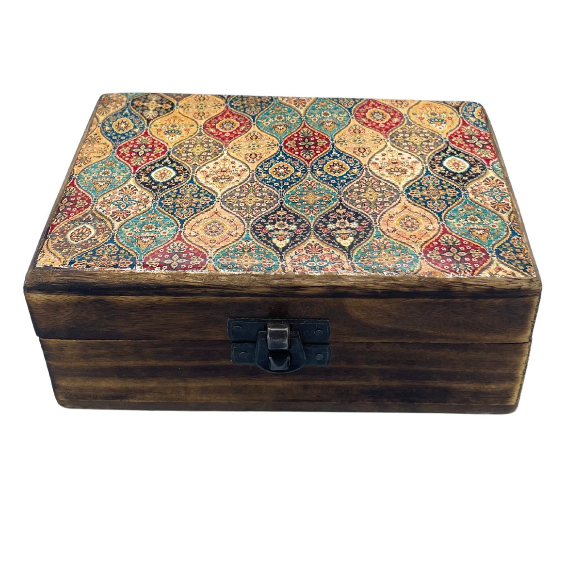 Handcrafted medium mango wooden box with a traditional patterned glazed ceramic lid.