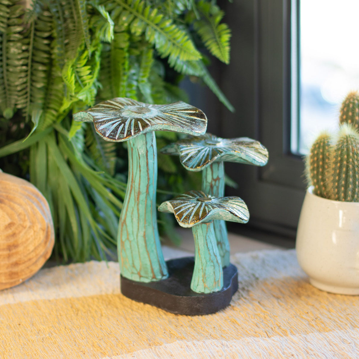 Greenwash golden mushroom wooden sculpture with clustered gold caps 20cm woodland décor UK