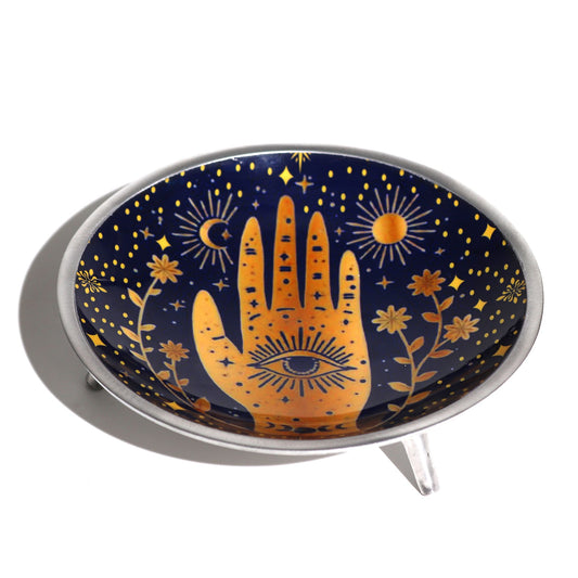 Triple Leg Enamelled Offering Plate Hamsa Midnight Blue ritual vessel