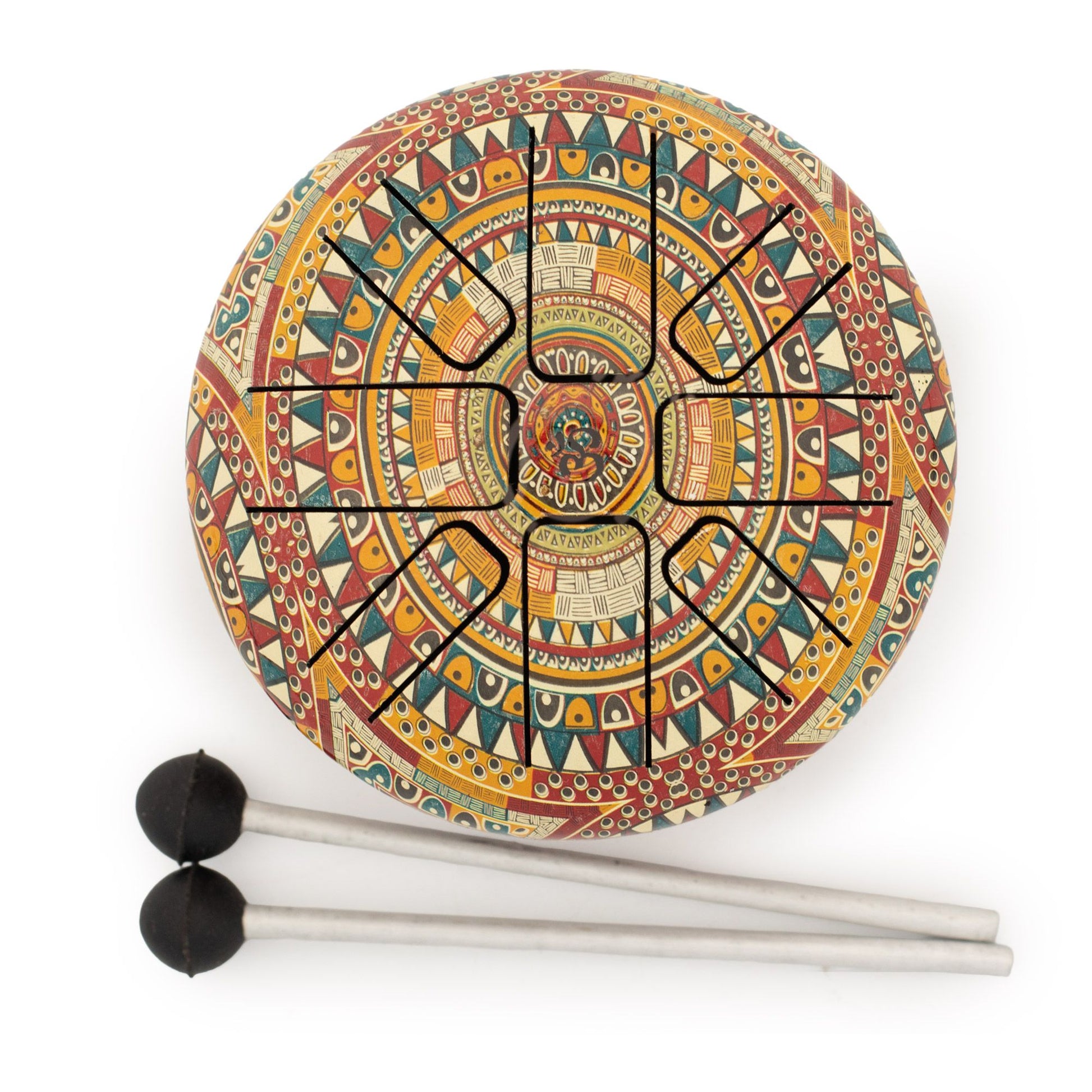 Small multi-coloured HAPI steel tongue drum with bright geometric pattern, two rubber-tipped mallets and padded woven carry bag