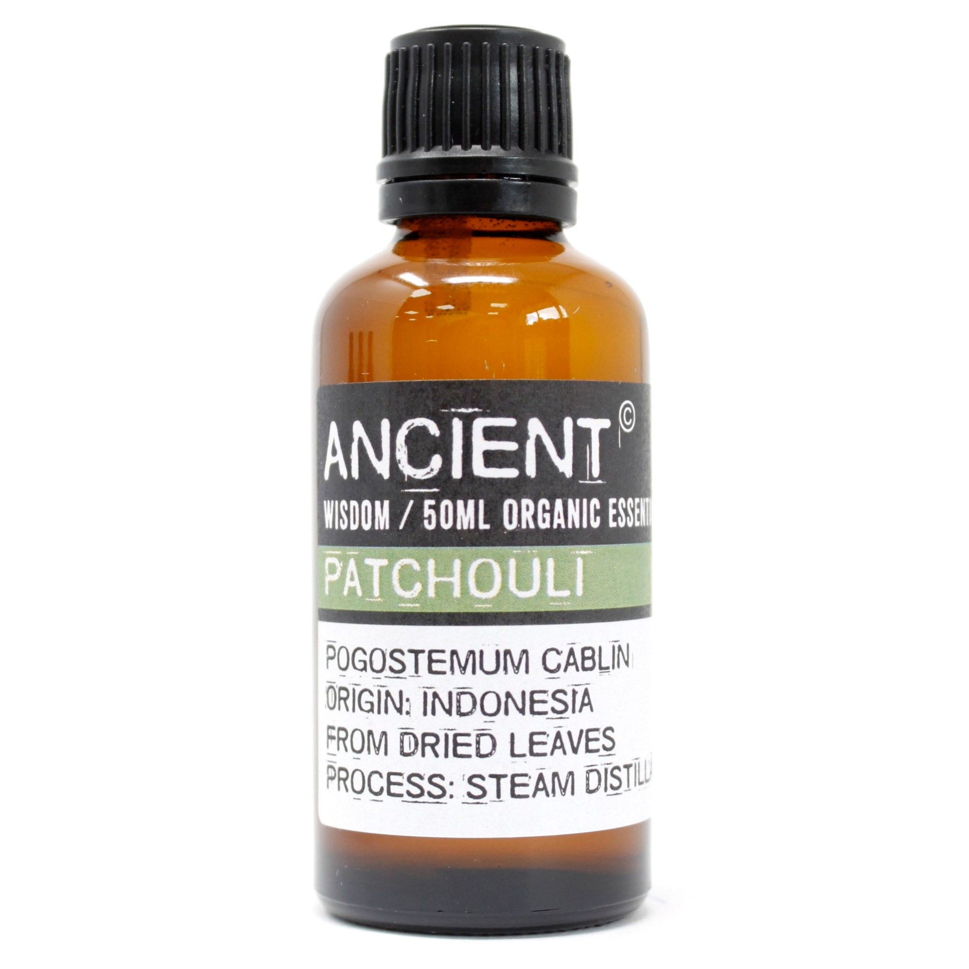 Organic Patchouli Essential Oil 50ml with rich earthy woody aroma for aromatherapy and home fragrance.