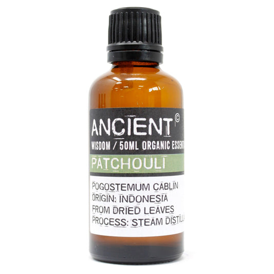 Organic Patchouli Essential Oil 50ml with rich earthy woody aroma for aromatherapy and home fragrance.