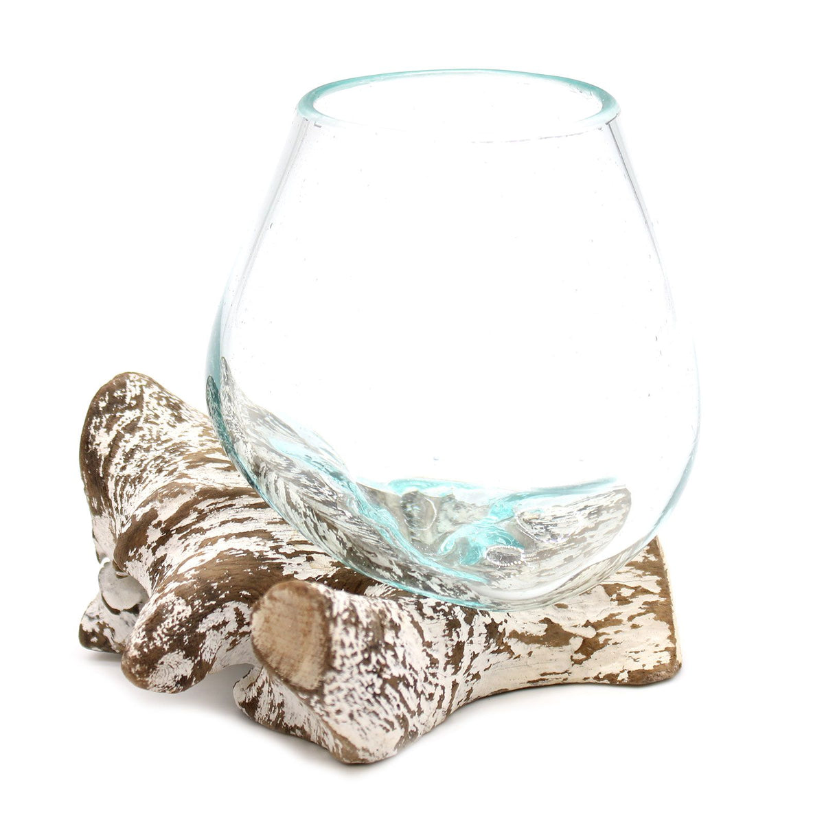 Small whitewash molten glass bowl shaped over pale natural gamal wood for air plants and boho home décor UK