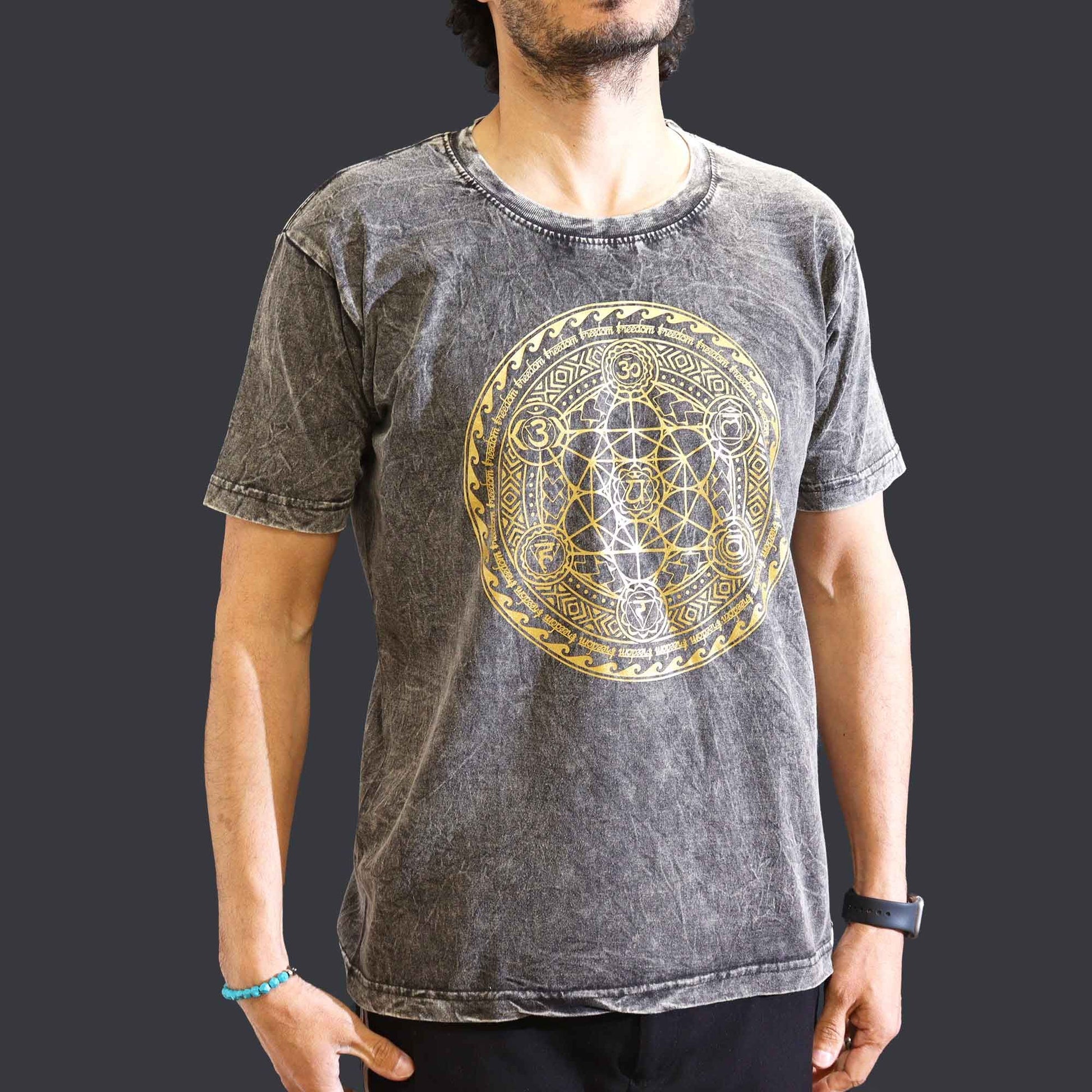 Medium stone washed dark grey chakra spiritual t-shirt