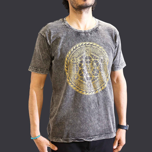 Medium stone washed dark grey chakra spiritual t-shirt