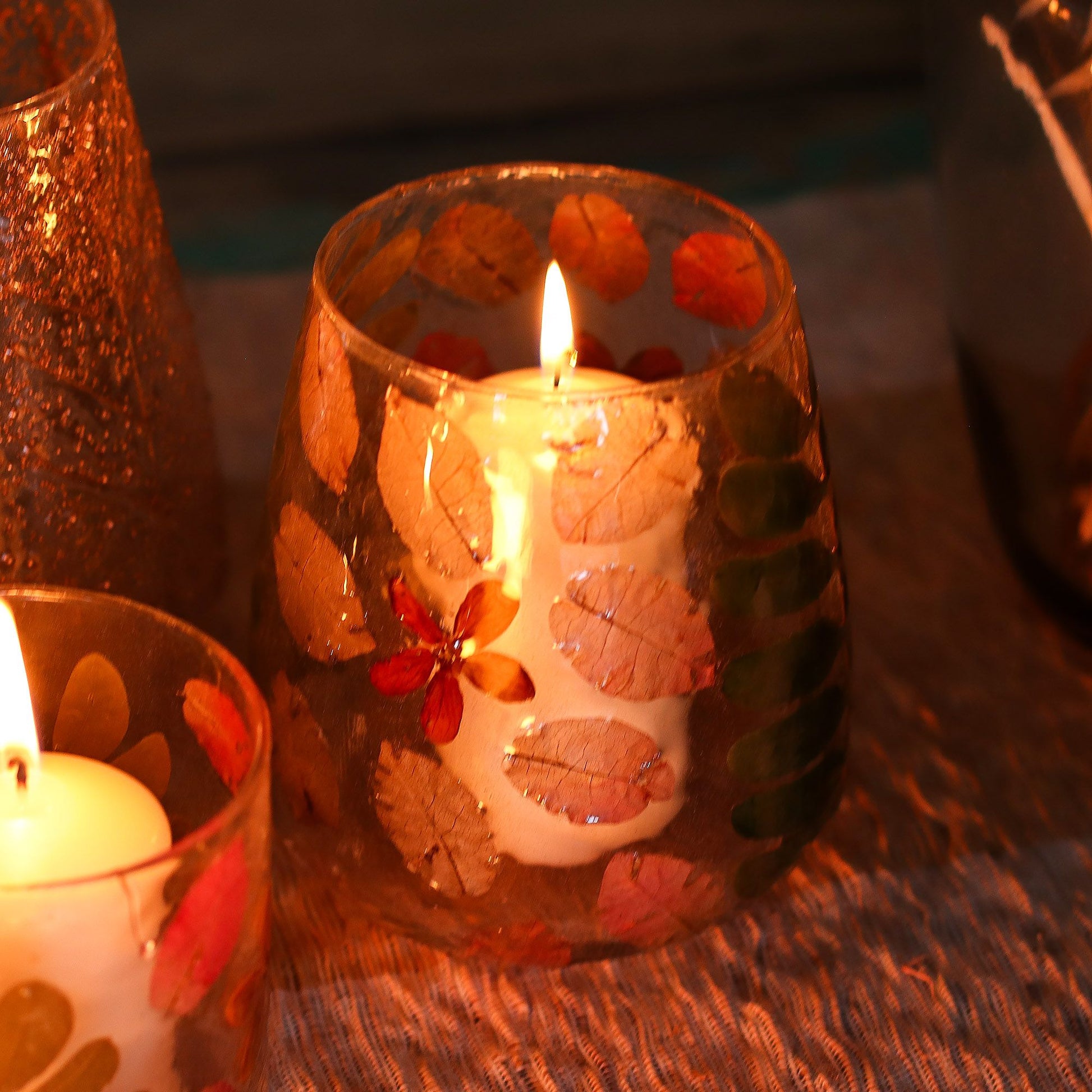Primavera recycled glass vase candle holder with real pressed flowers