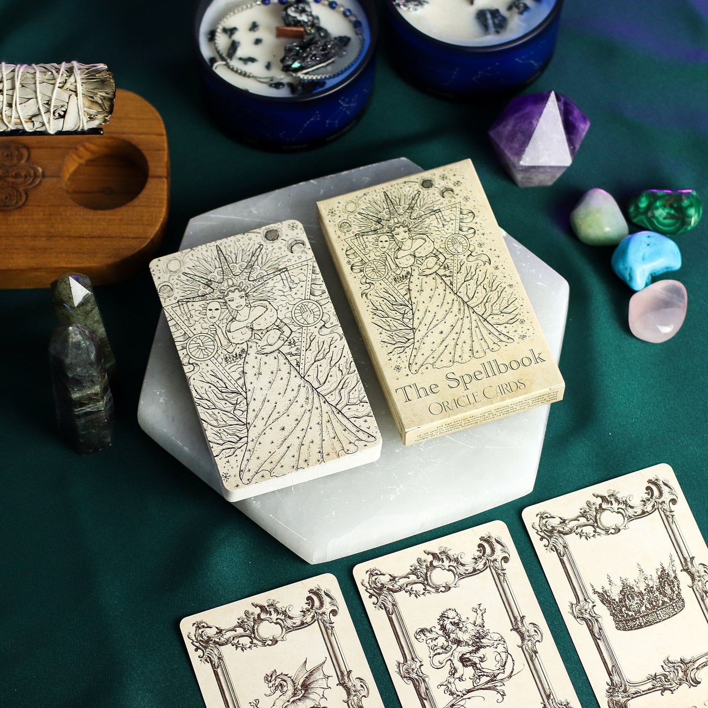 The Spellbook Oracle Cards Witchcraft Deck – 40-card oracle set with vintage grimoire style art for readings and rituals.