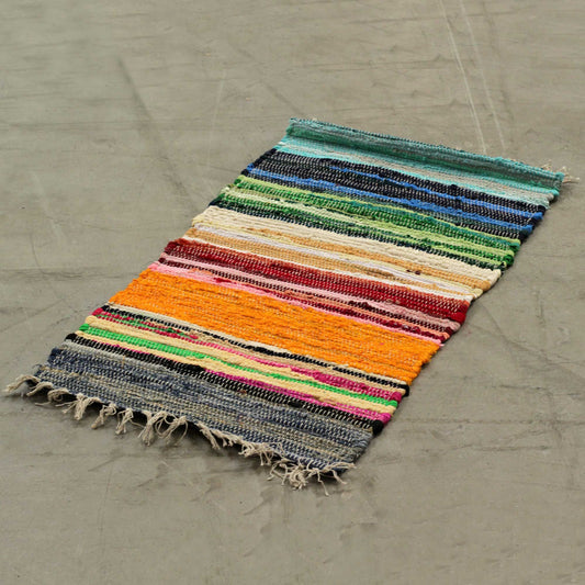 Large Rag Rug 150x90cm rainbow colours handmade recycled cotton boho floor rug.