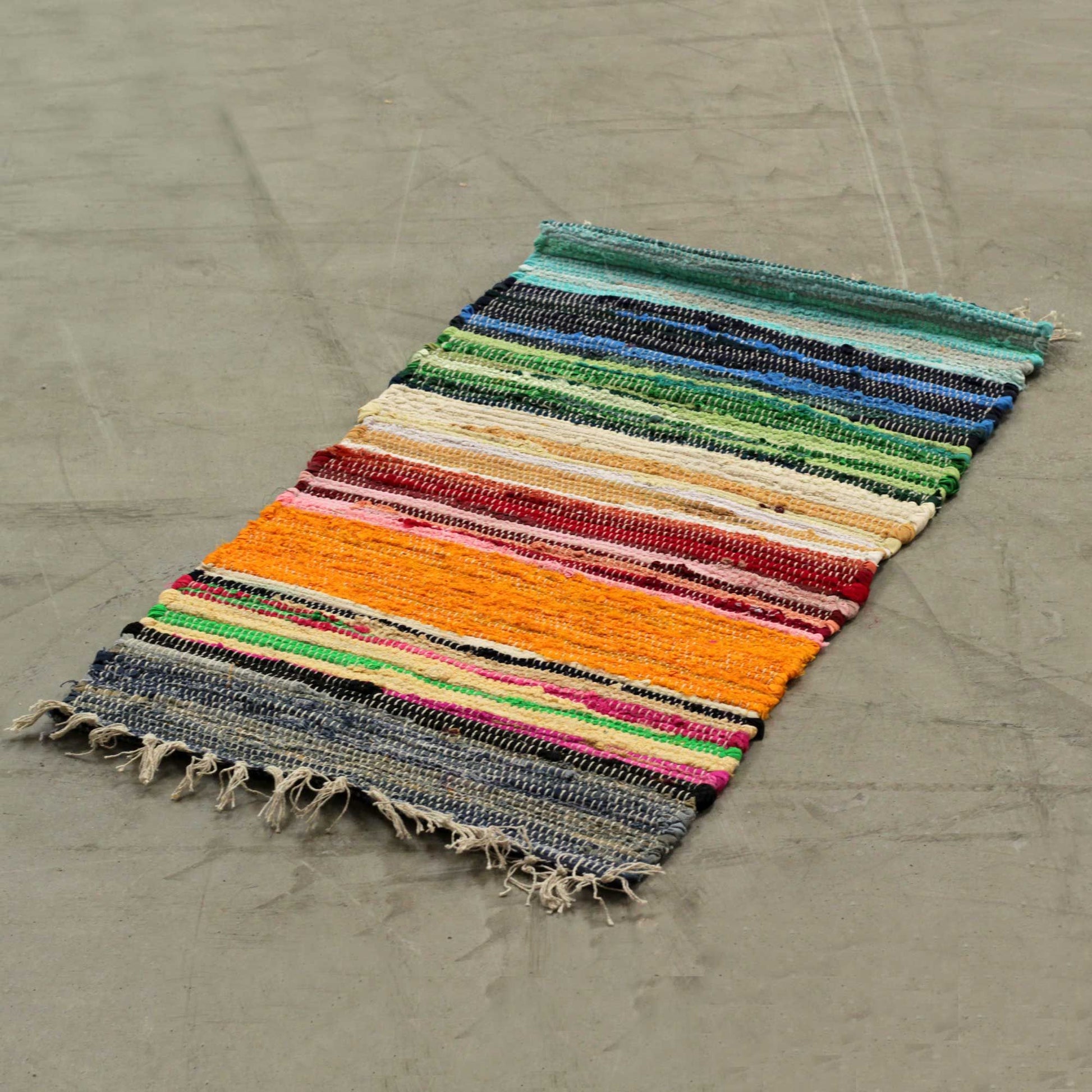 Small Rag Rug 50x90cm rainbow colours handmade recycled cotton boho floor rug.